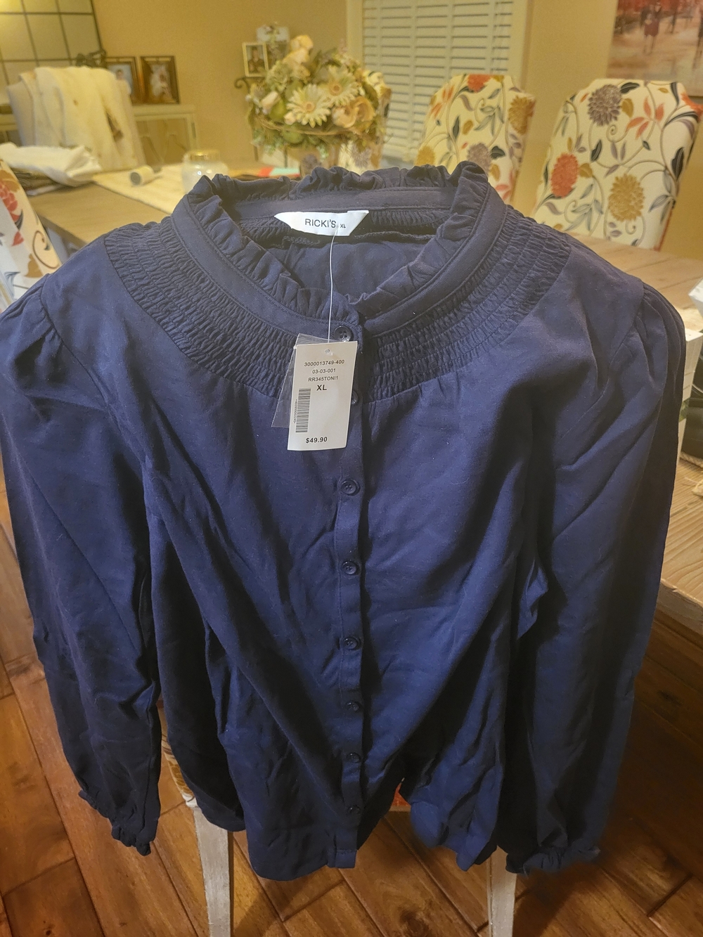 RICKI'S Navy Button-Front Smocked Yoke Blouse